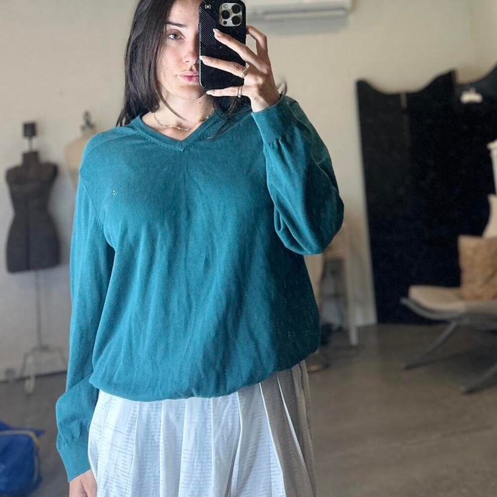Izod Unisex XL Sweater Emerald Green Cotton Knit V-Neck Ling Sleeve Cozy
